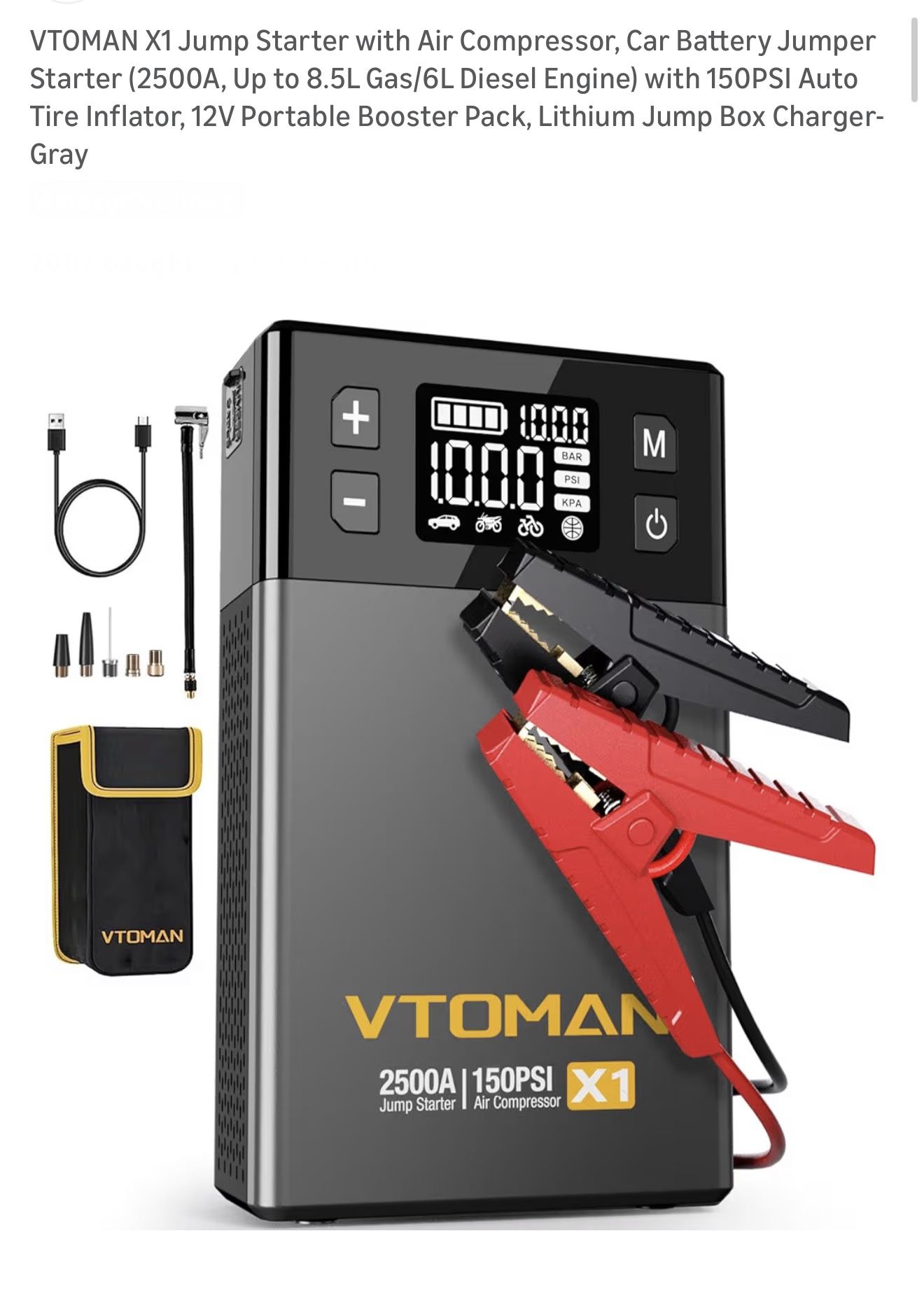 VTOMAN X1 Jump Starter with Air Compressor, Car Battery Jumper Starter (2500A, Up to 8.5L Gas/6L Diesel Engine) with 150PSI Auto Tire Inflator, 12V Po