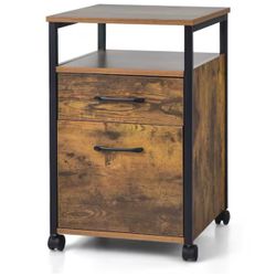 Rustic Brown Mobile File Cabinet 2-Drawer Printer Stand with Open Shelf for Letter Size