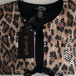 (NEW) (1 AVAILABLE) WOMEN’S OLIVER.O LEOPARD PRINT SEQUIN TIE FRONT SMOCK BLOUSE - SIZE: LARGE  