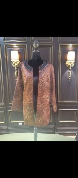 Animal Print Open-Front Jacket with Beaded Neckline