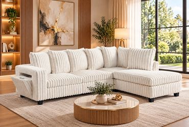 Cream Corduroy L-Shaped Sectional Sofa