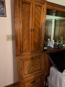 Vintage Solid Oak Bedroom Set / Wall Unit w/ Mirror & Storage