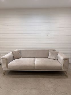 It must be gone by January 29th!!! Bej Velvet Upholstered Sleeper Sofa