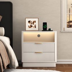 NEW-23.6" W 2 - Drawer Nightstand with Charging Station and LED Light