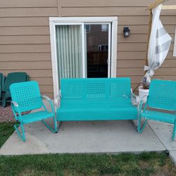 1950's Vintage Metal 3 Seat Glider Bench And 2 Rocker Chairs