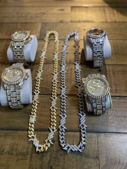Ice Out Stainless Steel watches & Cuban Link Necklace 