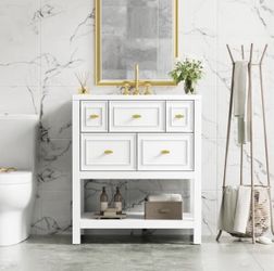 NEW White 30 in. Freestanding Bath Vanity with Resin Sink, 5-Drawers and Solid Wood Frame