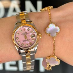 18k yellow gold Van cleef style pink MOP clover shape stone bracelet necklace earrings set