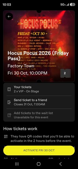 2 VIP Tickets to Hocus Pocus at Factory Town Oct 30th