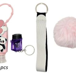Four Piece Youth Keychain Set New Flashlight Pompom Sanitizer Bottle 
