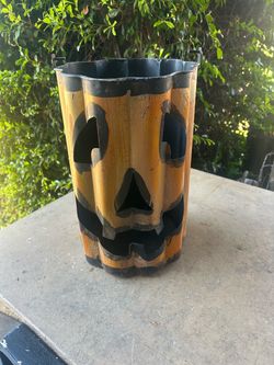 Folk Art Metal Jack-o-Lantern Candle Pail with Handle: