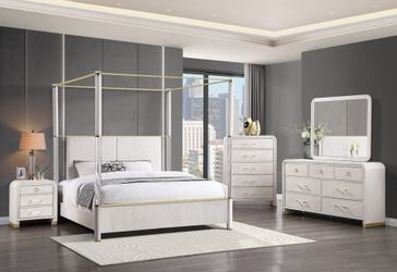 Sophisticated Canopy bedroom set feature beige textured headboard & acrylic post