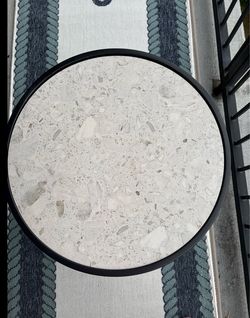 PATIO SIDE TABLE Like New (Paid $70/selling $35) 20.5 in diameter x18H Ceramic tile top, powder-coated steel frame that is weather-resistant, UV-prote