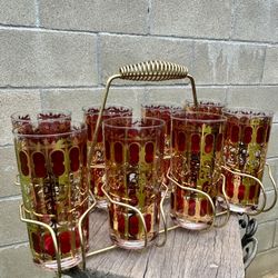 Vintage Mid Century Glass Set — Culver Scroll Cranberry 22k Gold — *25 Pieces Total Includes Metal Carrier/Caddy