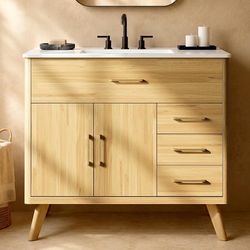 36" Bathroom Vanity with Ceramic Sink, Solid Wood Freestanding Modern Cabinet, 2 Soft Close Doors & Full-Extension Drawers, Adjustable Shelves, Metal 