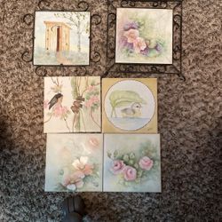 Vintage  6”x6”  Decorative Tiles and Stands