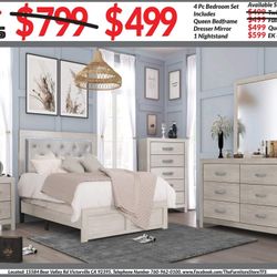 4pc Bedroom Set $499 Queen $599 Eastern King Includes bedframe Dresser mirror nightstand Off-White Bedroom Set