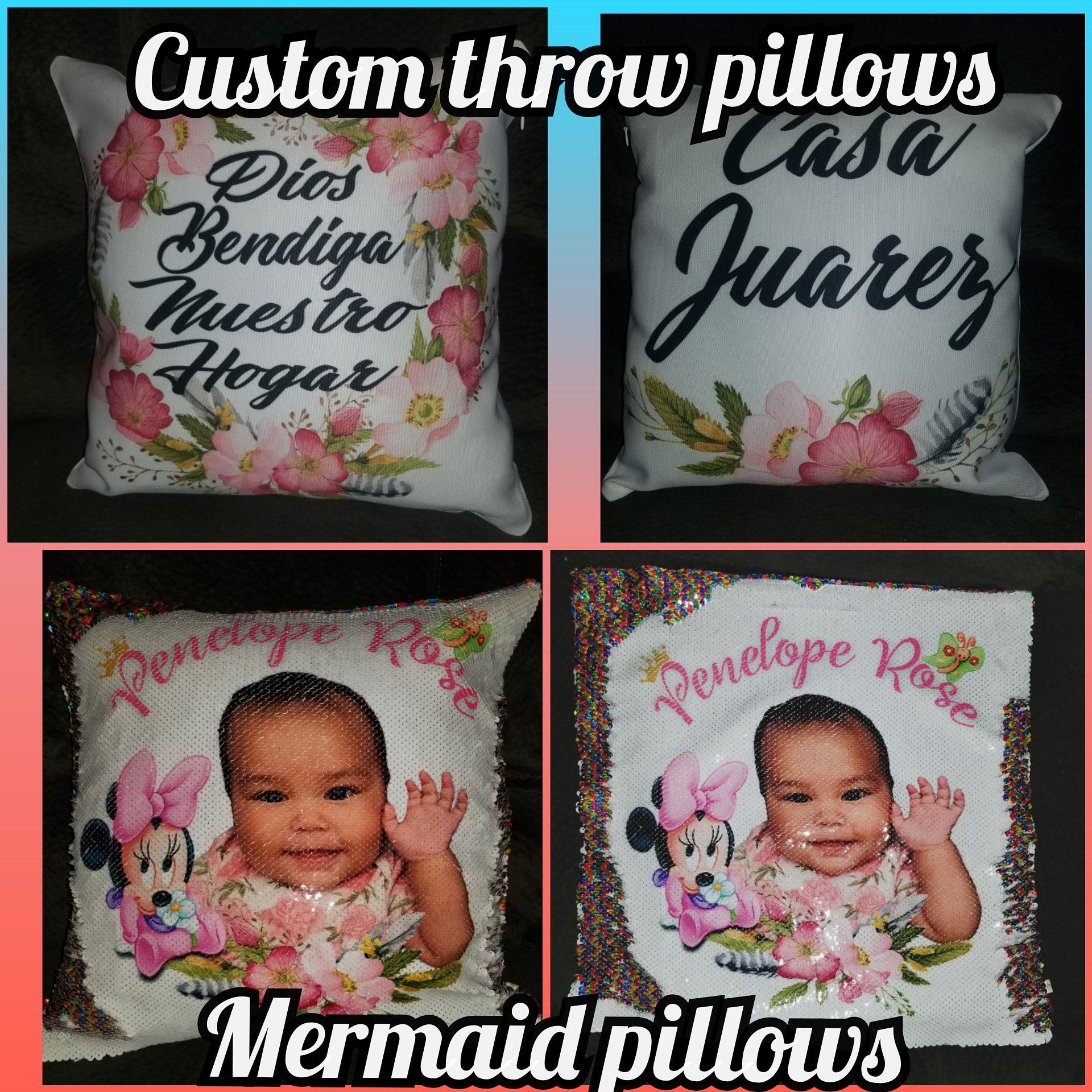 Printed sequin  pillows, Picture blankets and tshirts