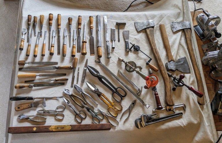 Vintage And Antique Tools Chisels. Pliers, shears. Pipe wrenches, drills, Power tools, axes. all have been cleaned and sharpened.