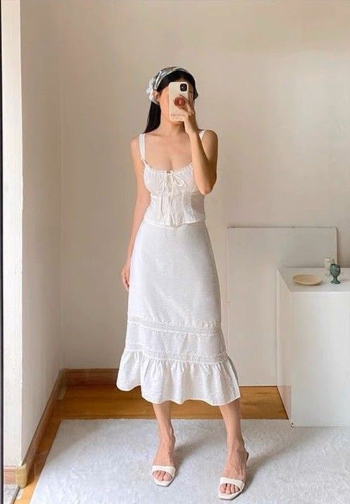 Piece French Style White Midi Dress Classical Size: M