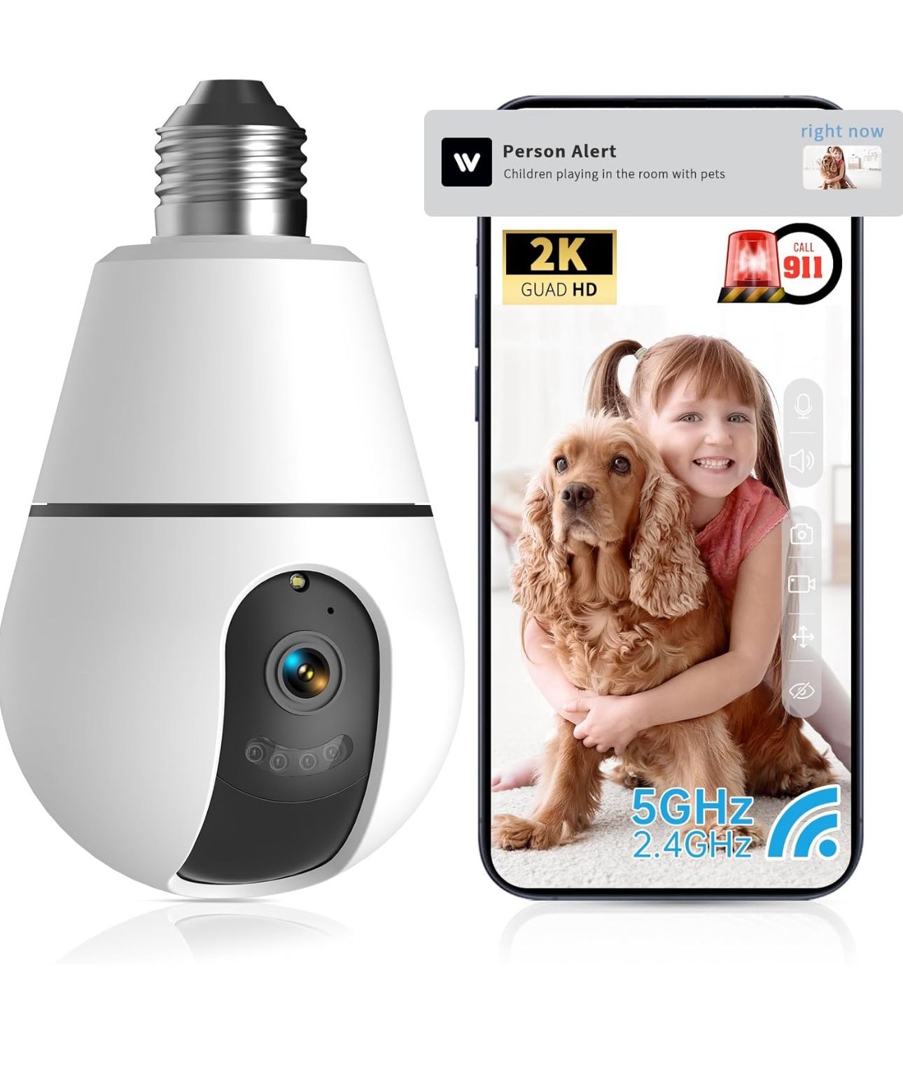  Light Bulb Security Camera, 2.4G/5GHz WiFi 2K Security Cameras Wireless Outdoor,Bulb Cameras for Home Security,AI descriptive Notification,911Emergen