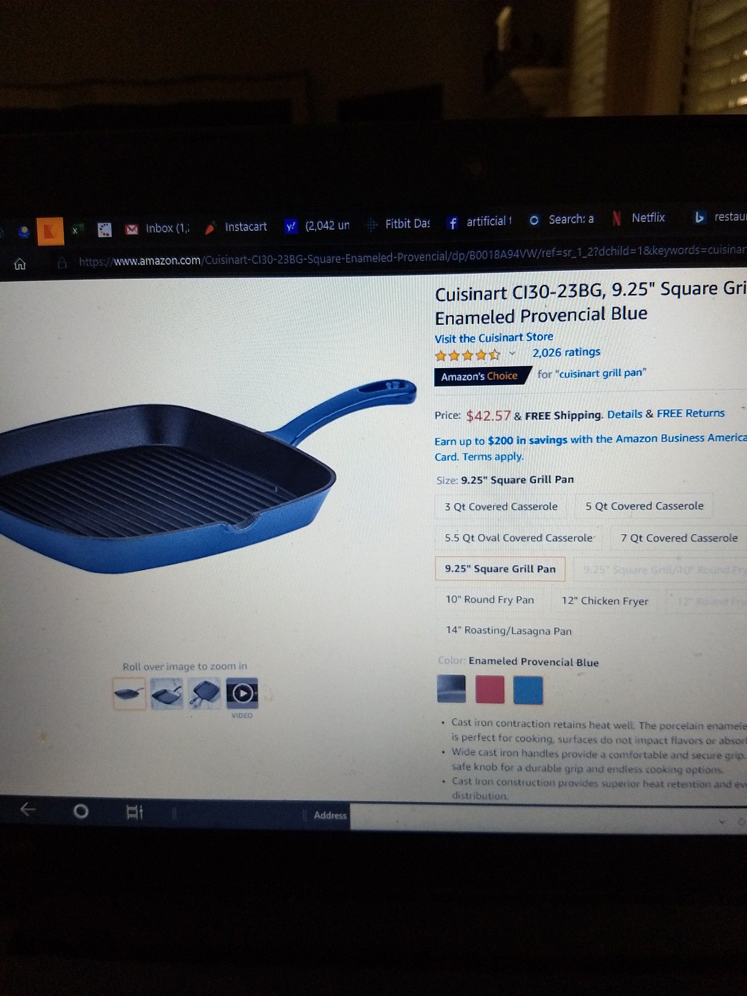 Cuisinart cast iron grill pan 9.25" blue