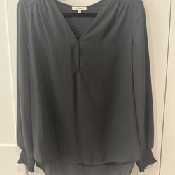 Pleione By Nordstrom Black V-Neck Blouse With Ruffled Sleeves, Size Small