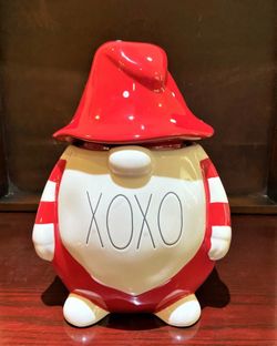 RAE DUNN GNOME "XOXO" RED ON WHITE CERAMIC CANISTER Cookie Jar