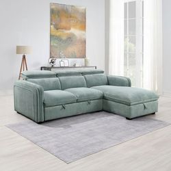 💎Light Green Chenille Zavala Sectional Sofa W/Sleeper & Storage💎