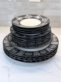 Authentic Vintage Stoneware 14 Plates Scraffito by Habitat Japan & Bongo Black by Pottery Barn China