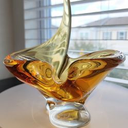 Chalet Canada Art Glass Sculpture Abstract Amber Bowl Dish