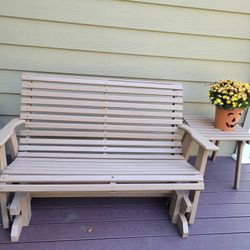 Amish Built Wooden Glider Bench And Side Table