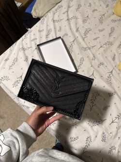 YSL Classic Cassandre Envelope Chain Wallet in Grain De Poudre Leather