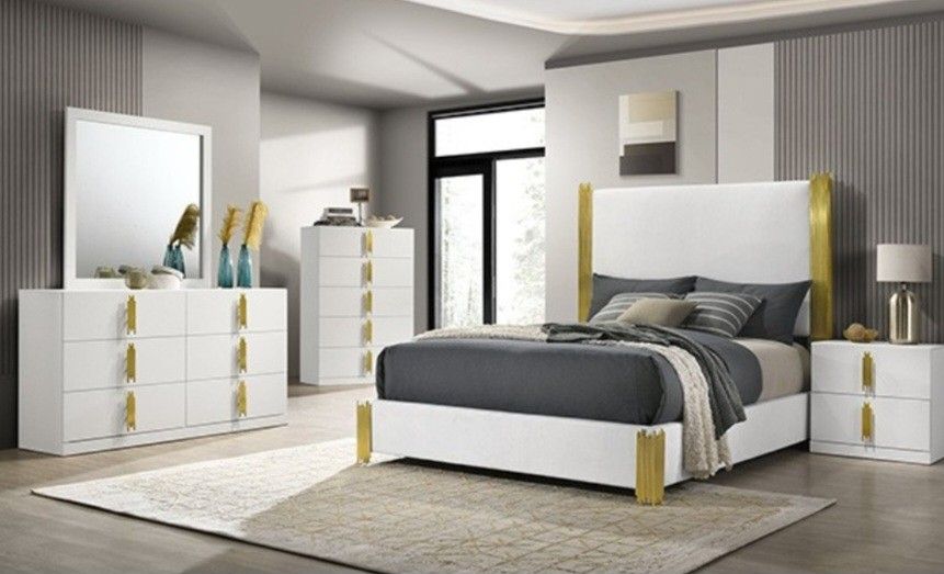 Brand New White & Gold 4pc Queen Bedroom Set (Available In Eastern King)