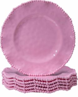 Pink Beaded Dinner Plates sets, 11 inch Unbreakable Melamine Plate Set of 6, Lightweight Dinnerware Plates, 6 Piece big Salad Plates Set, Chip Resista