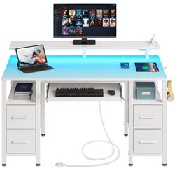 Seventable Computer Desk 55.1" with LED Lights & Power Outlets, Home Office Desk with 4 Drawers, Writing Desk with Keyboard Tray, Study Desk with Moni