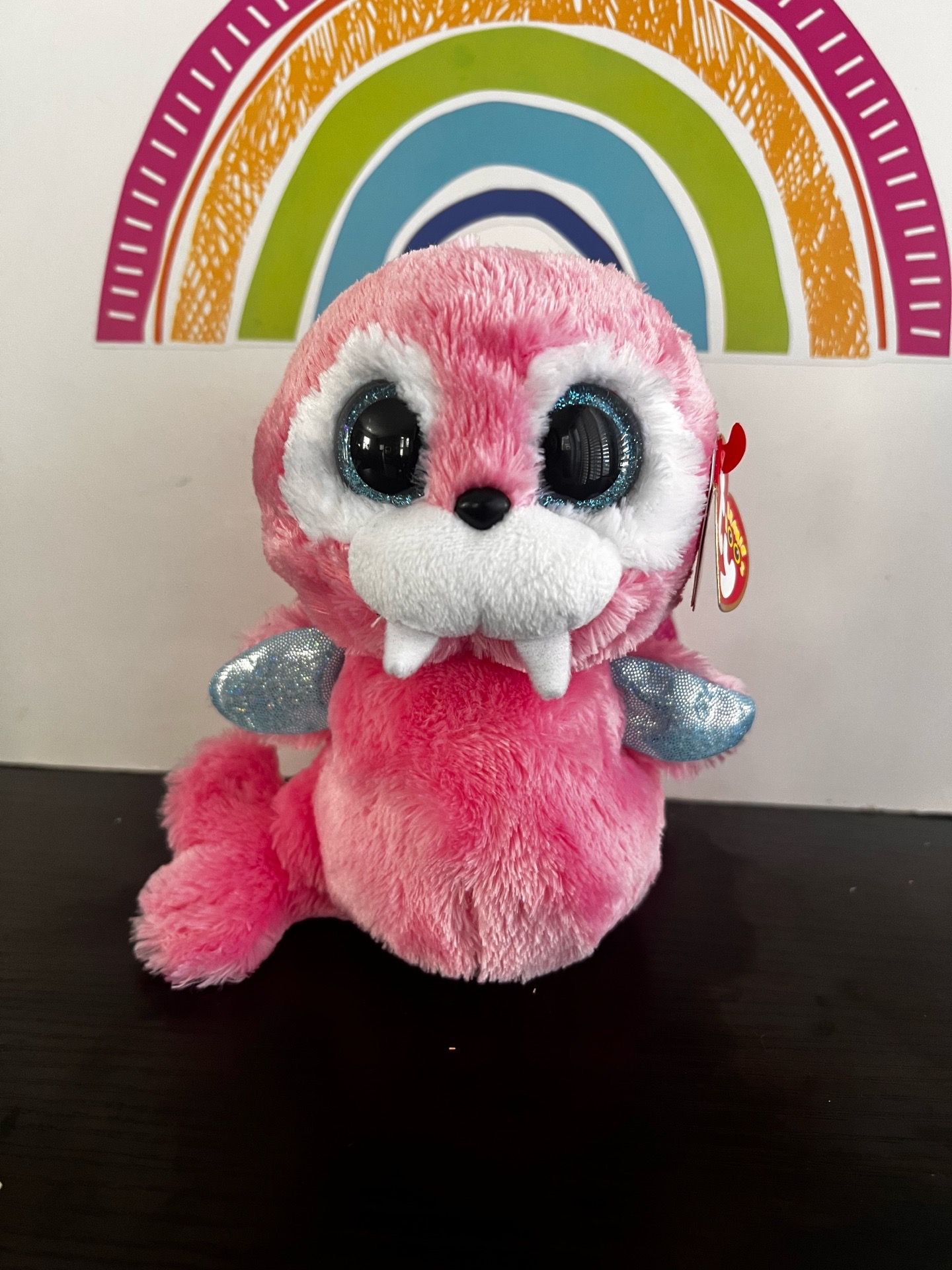 TY BEANIE BOOS , TUSK RHE PINK WALRUS WITH GLITTERY EYES - 6 INCH - NEW WITH TAGS