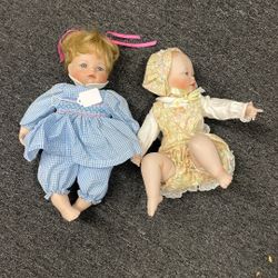 2 Vintage Porcelain Face Dolls Toy Lot Baby 