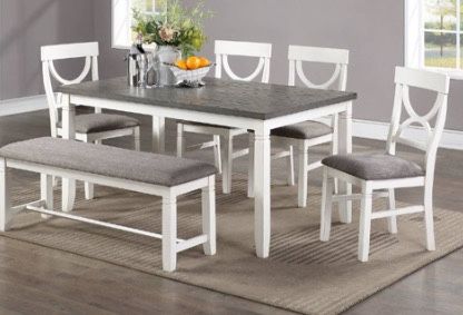Farmhouse Style 6 Piece Dining Set 4 Chairs And Bench White & Gray upholstered seats