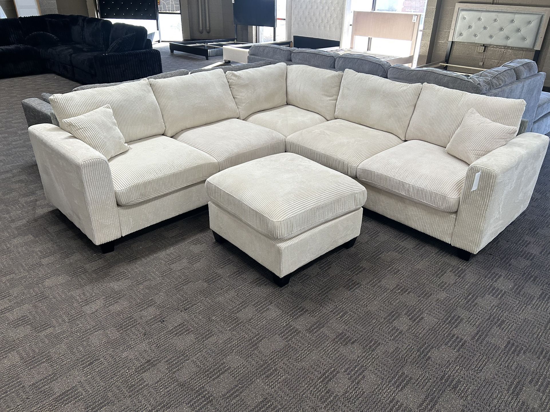 Comfy Beige Cream Sectional And Ottoman