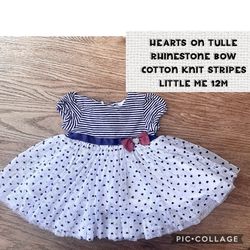 12 Month Baby Girl little me dress navy Hearts On White Tulle, Rhinestone Bow