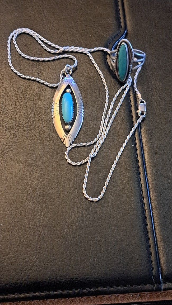 Sterling Silver And Turquoise Ring And Necklace Matching Set