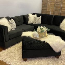 Brand New Black Velvet Sectional Sofa Couch With Ottoman