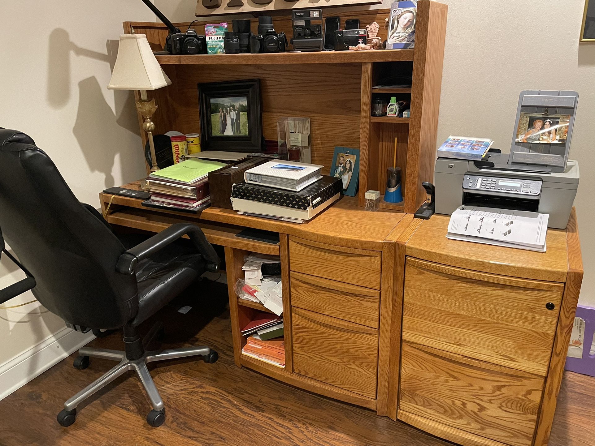 Oak Wood Desk W/filing Cabinet & Leather Chair
