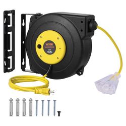 New 45 ft. 12/3 15Amp Retractable Extension Cord Reel Heavy Duty SJTOW Retractable Power Cord with Lighted Triple Tap Outlet