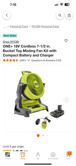 RYOBI ONE+ 18V Cordless 7-1/2 in. Bucket Top Misting Fan Kit with Compact Battery and Charger