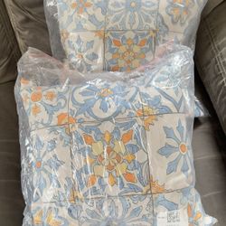 Outdoor Pillow — Mediterranean Tile, Blue/Amber (Weather-Resistant)