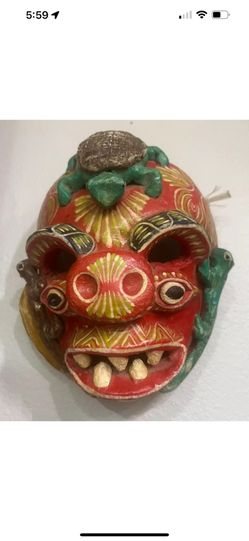 Mexican Hand-Painted Clay Mask with Tortoise and Lizards - 9" x 7" - 2.9 Pounds