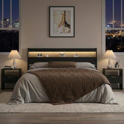 👑🛏️ New - King Wooden Headboard w/ Storage, USB Charging & RGB LED Lights – Black

