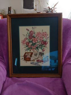 Framed Floral Cross Stitch Needlework Art